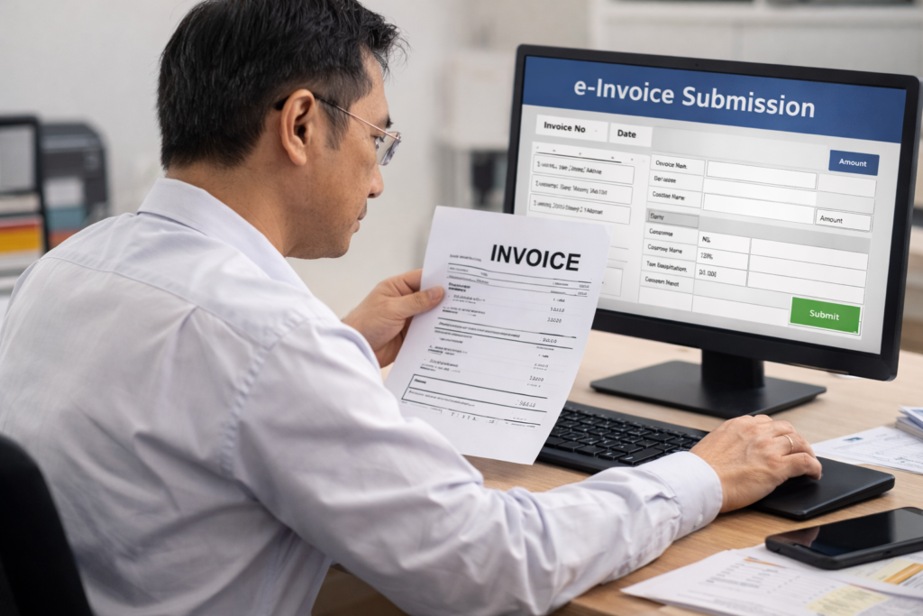 Accountant checking compliance workflow for Malaysia e-Invoice requirements and reporting