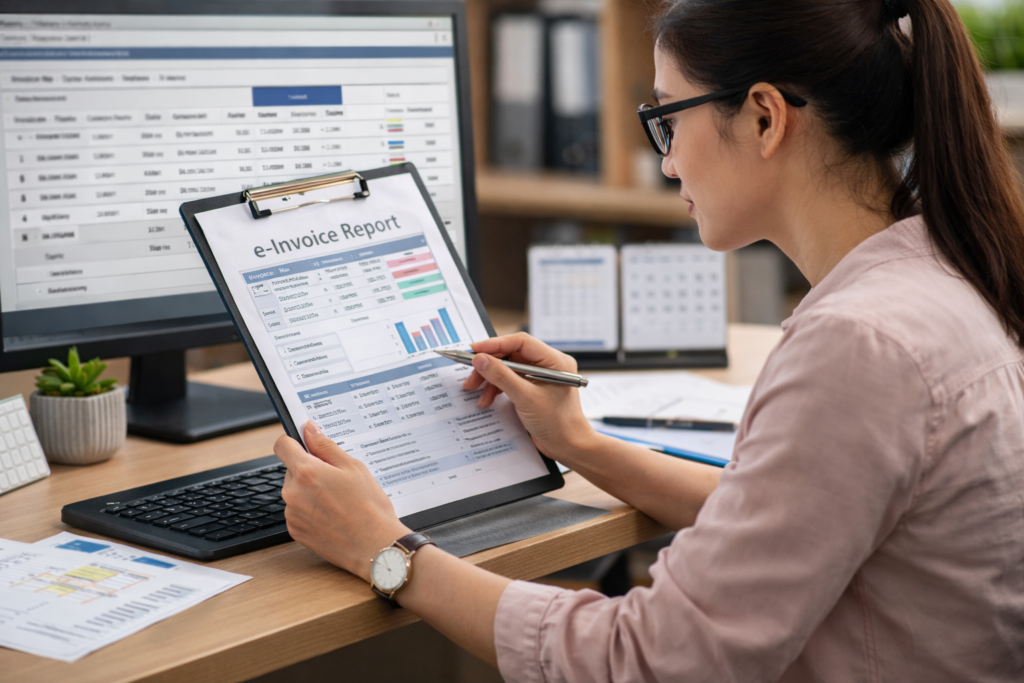 Business owner preparing invoice data for LHDN e-Invoice submission via MyInvois system