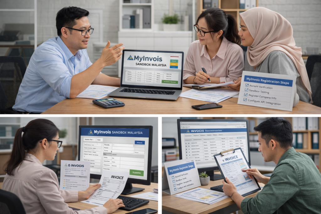 Accountant testing e-Invoice submission using MyInvois sandbox Malaysia