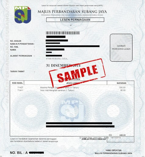 Sample business premise licence from a Selangor local council