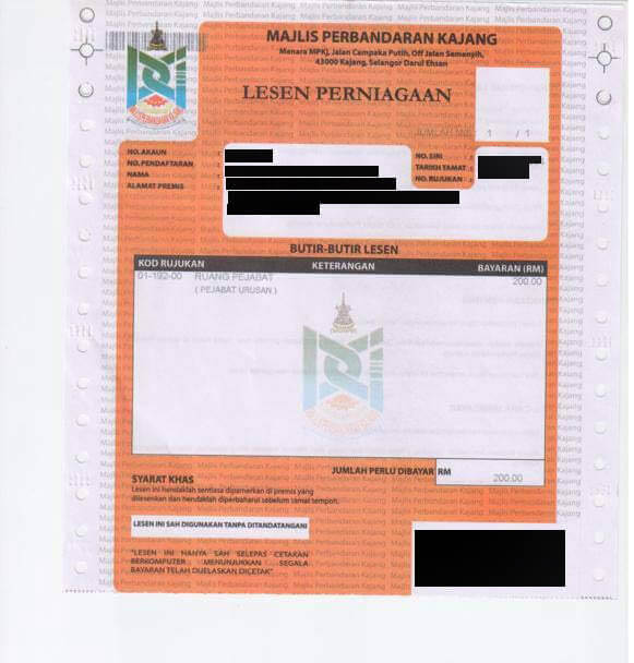 Sample business premise licence from Majlis Perbandaran Kajang