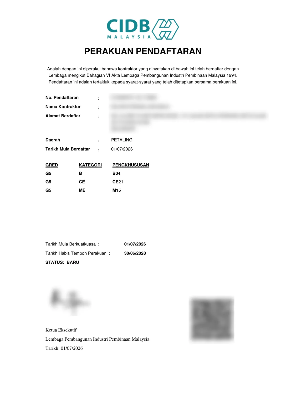 CIDB Contractor Registration sample certificate obtained by Bizskoop