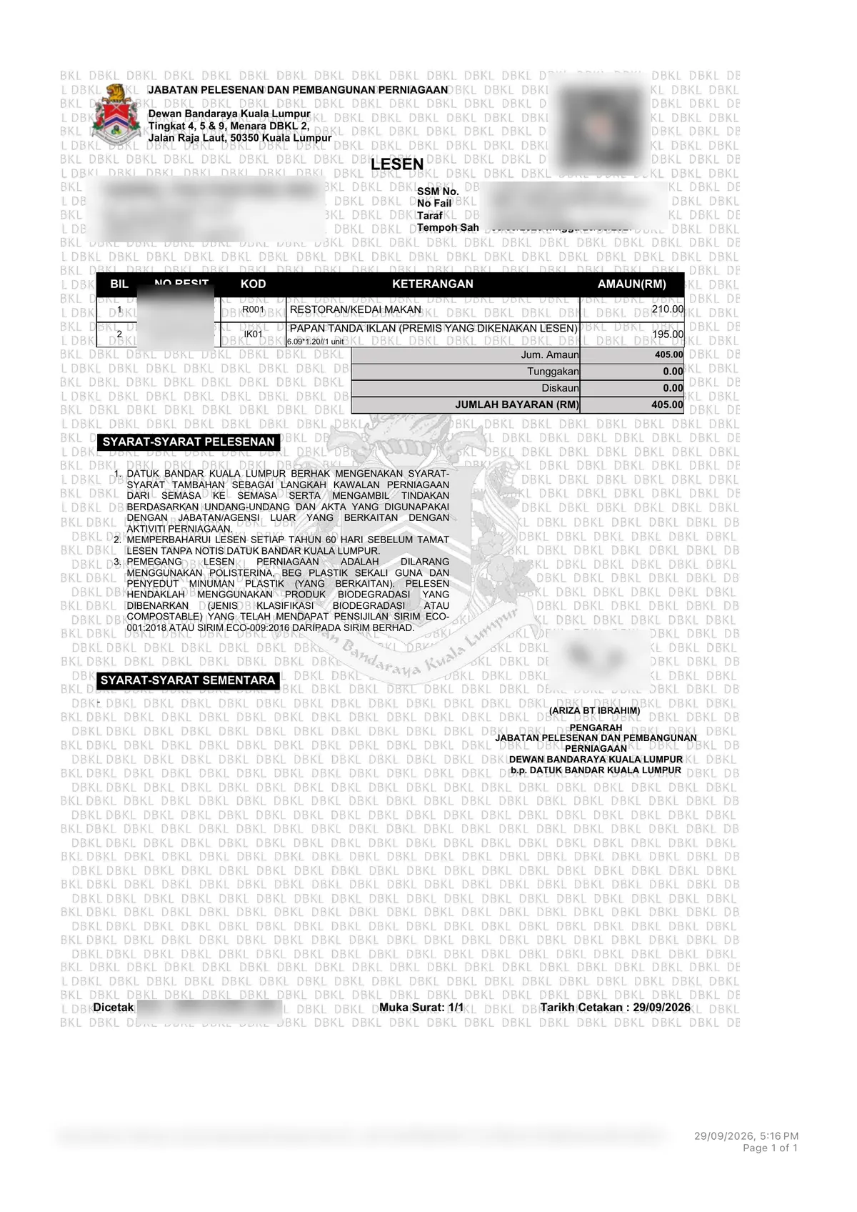 Business Premise & Signboard Licence sample certificate obtained by Bizskoop
