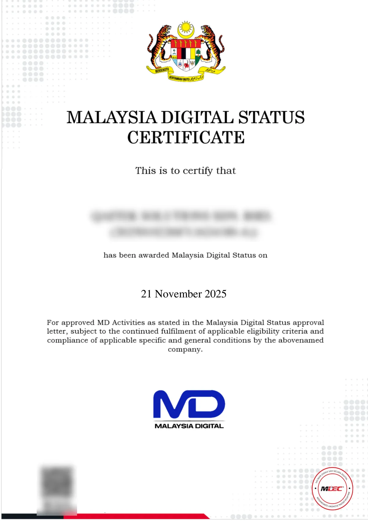 Malaysia Digital (MD) Status sample certificate obtained by Bizskoop