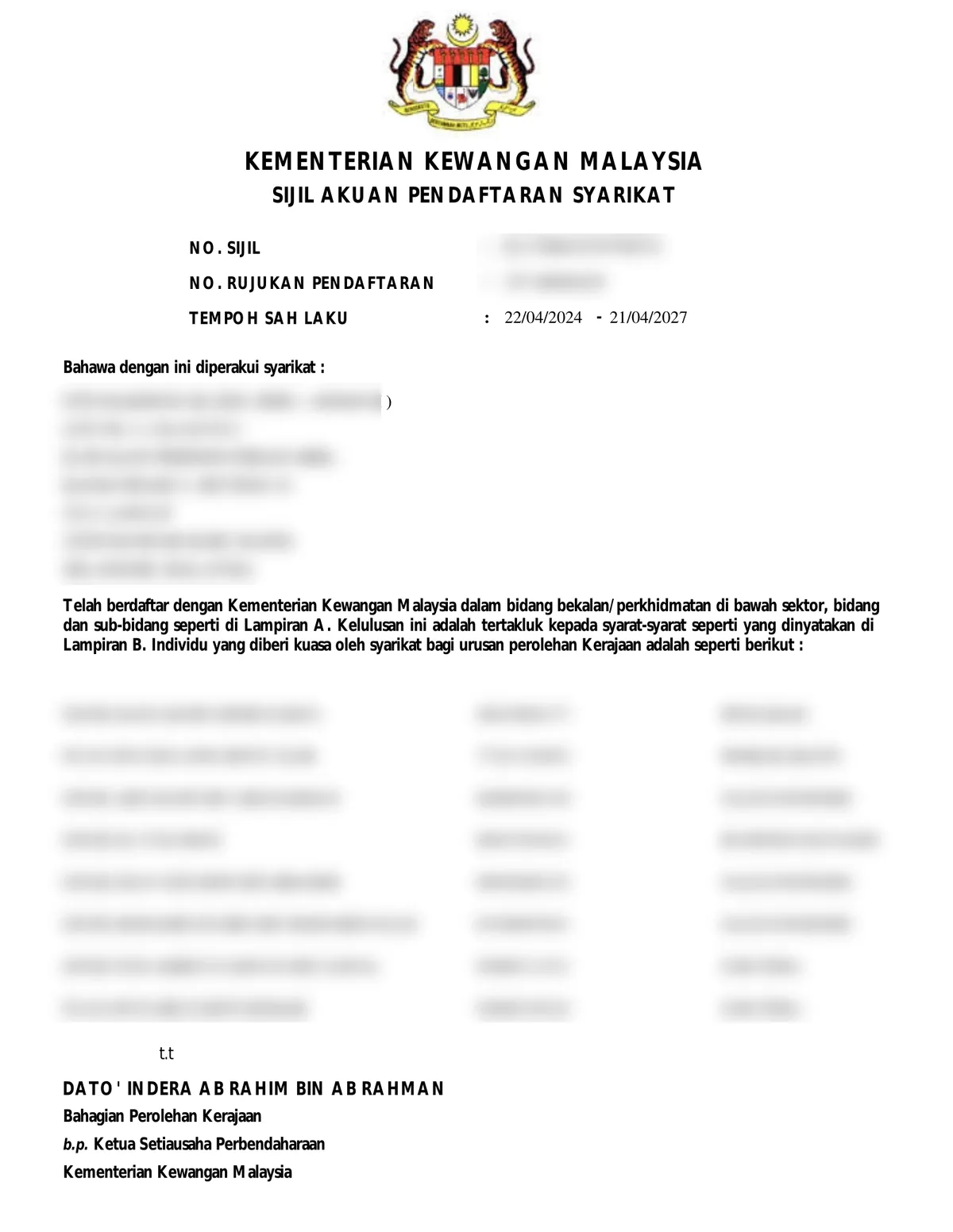 MOF Supplier Registration sample certificate obtained by Bizskoop