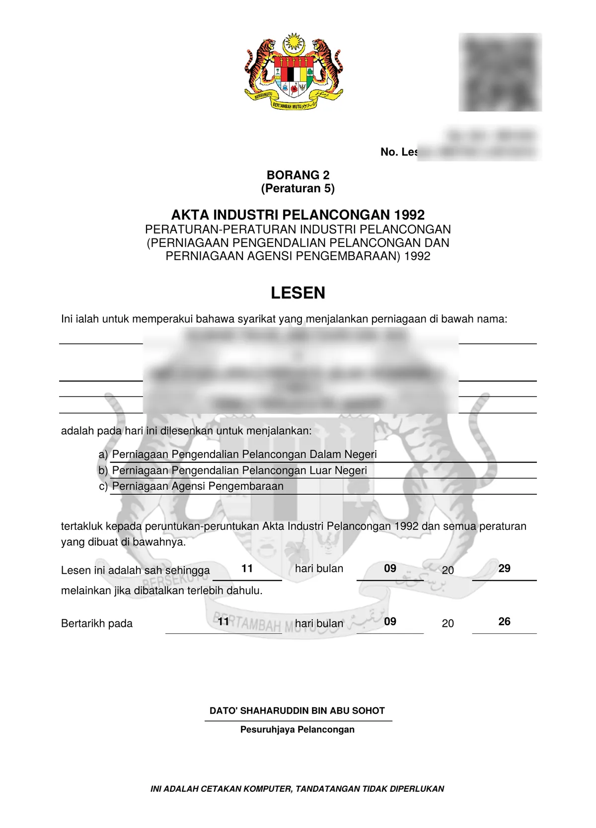 Tour & Travel Agency Licence sample certificate obtained by Bizskoop