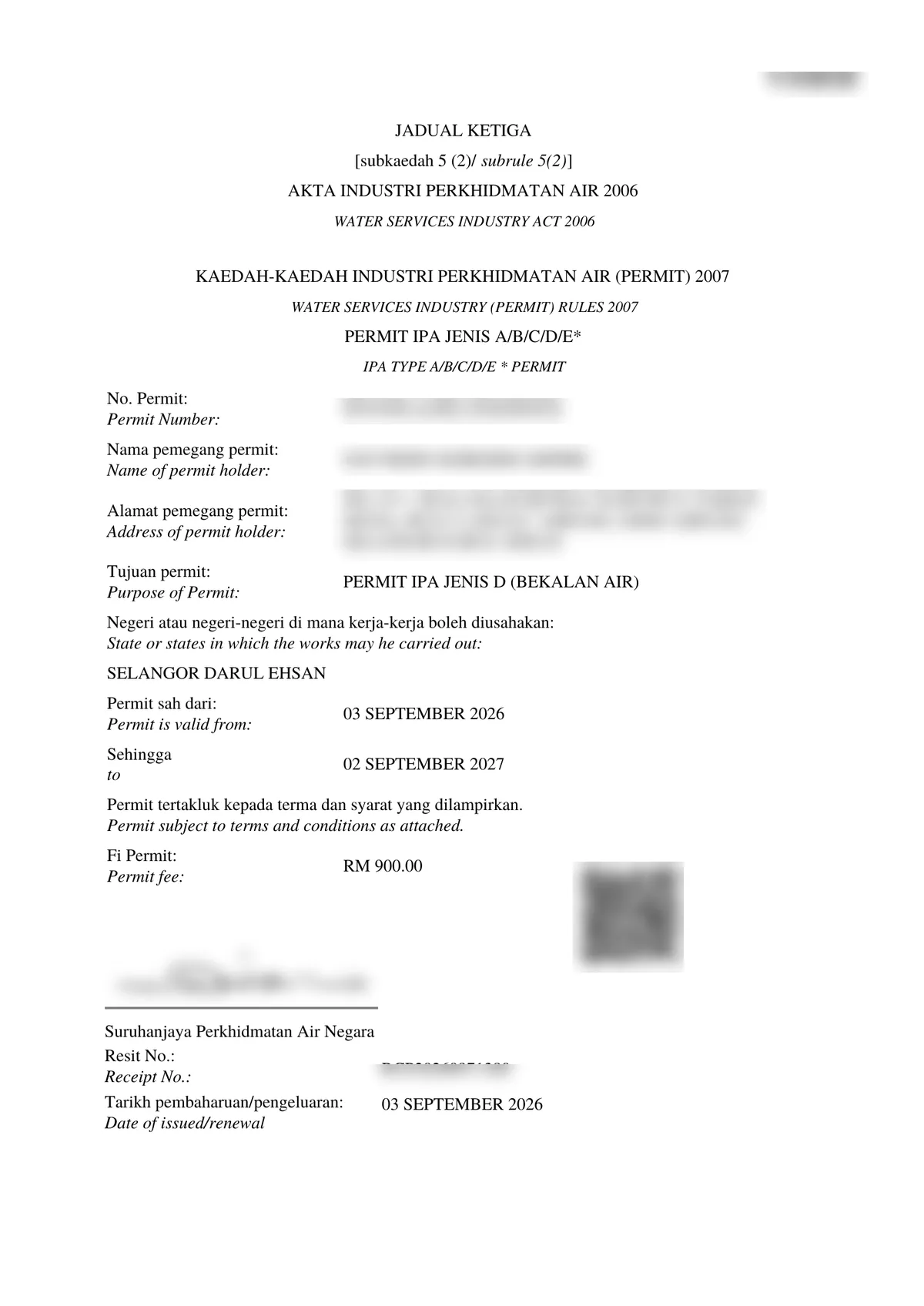 Water Services Permit (SPAN) sample certificate obtained by Bizskoop